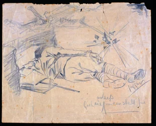 Leutnant Leslie Gooldie schläft unter Granatfeuer, 1915