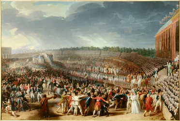 Französische Revolution: „Das Fest der Föderation am 14. Juli 1790 auf dem Champ de Mars“ 1790 Paris, Museum Carnavalet