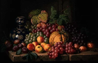 Stillleben mit Früchten und einer blauen Vase