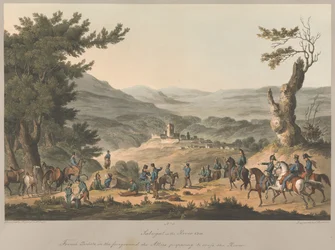 Nr. 5 Sabugal am Fluss Coa, französische Vorposten im Vordergrund, die Alliierten bereiten sich darauf vor, den Fluss zu überqueren.