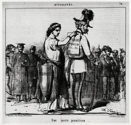 Eine gerechte Strafe: Europa befestigt ein Schild mit der Aufschrift „Räuber, Lügner, etc.“ auf dem Rücken einer Figur in österreichischer Uniform, mit Schnurrbart und Koteletten (Kaiser Franz Joseph I. von Österreich 1830-1916). Illustration von Charles V