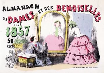 Werbeplakat für den Almanach der Damen und Damen für 1857 (Mädchen vor einem Eisschrank), 50 Cent