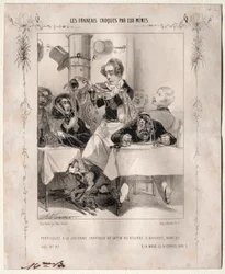 Die Franzosen, von sich selbst karikiert: Perücken à la Julienne, Satinhüte, 1840