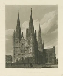 Lichfield Kathedrale - Westfront (Aquatinta-Gravur)