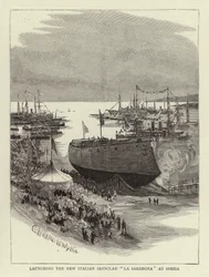 Stapellauf des neuen italienischen Panzerschiffs La Sardegna in Spezia