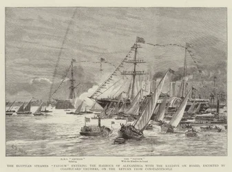 Der ägyptische Dampfer Fayoum fährt in den Hafen von Alexandria ein mit dem Khedive an Bord, eskortiert von Küstenwachkreuzern, auf der Rückkehr aus Konstantinopel