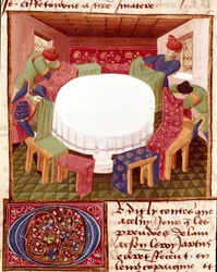 Vorbereitungen der Tafelrunde bei der Ankunft der Miniaturritter aus „Romanesque du Chevalier Tristan“ von Meister Charles de Maine