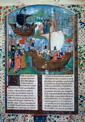Tristan und Isolde verlassen Irland, Tristan trinkt den Liebestrank. Im Hintergrund werden ihre beiden Körper nach Irland zurückgebracht. Miniatur aus dem Manuskript ms. 103 f.1 Der Roman von Tristan, zugeschrieben dem Meister Charles von Maine. 15. Jahrhu