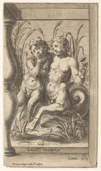Zwei Tritonen umarmen sich, einer spielt eine Panflöte, der zweite hält eine Muschelschale, gesetzt innerhalb ..., 1579