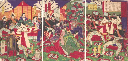 Die Anführer der Befriedung der Kagoshima-Rebellen feiern mit Bechern ..., 20. September 1877.