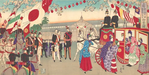 Besuch der Kaiserin bei der Dritten Nationalen Industrieausstellung im Ueno-Park ..., 1889.