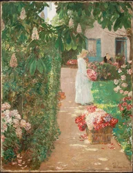 Blumenpflücken in einem französischen Garten