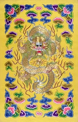 Ein gestickter chinesischer Drache, vom Umschlag eines französisch-chinesischen diplomatischen Vertrags (Silber- und Goldfaden und Seide)