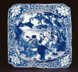 Blau-weiße Kosometsuke-Quadratschale mit Shoulao und anderen Unsterblichen, Tianqi, 1621-27 (Porzellan)