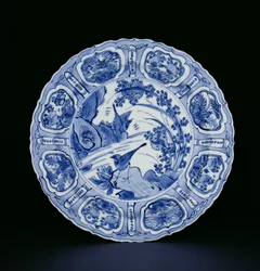 Blau-weiße Kraak-Platte mit Vögeln in einer Landschaft, Egret-Marke, Wanli, 1595-1605 (Porzellan)