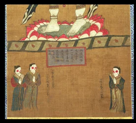 Weibliche Figuren, die Avalokitesvara Opfergaben machen