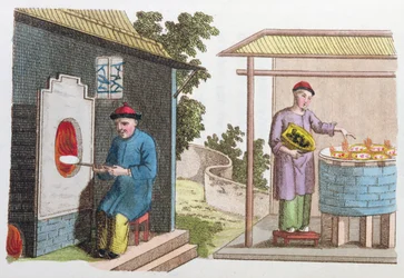 Brennen von Porzellan in China Ende des 18. Jahrhunderts, aus La Chine en Miniature, von J.B. Breton, Paris, herausgegeben von Nepveu, 1811