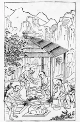 Herstellung grober Tonhüllen zum Halten des Porzellans im Ofen, aus einer Serie von Illustrationen zur Herstellung von Porzellan