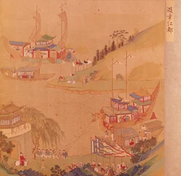 Der zweite Sui-Kaiser, Yangdi (569-618) mit seiner Flotte von Segelschiffen, aus einer Geschichte der chinesischen Kaiser