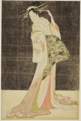 Eine Auswahl an Schönheit aus den Vergnügungsvierteln (Seiro bijin awase): Kurtisanen für die Neujahrsfeiertage - Takigawa vom Ogiya, ca. 1794