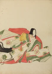Sitzende Hofdame mit gelbem Fächer, Tafel aus dem Album: Nishiki-zuri onna sanju rokkasen e-zukushi