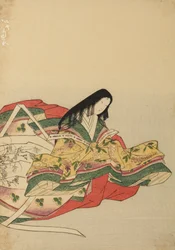 Nach rechts gewandte sitzende Hofdame, Tafel aus dem Album: Nishiki-zuri onna sanju rokkasen e-zukushi
