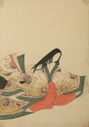 Nach rechts gewandte, sitzende Hofdame in einem mit Medaillonmustern verzierten Gewand, Tafel aus dem Album: Nishiki-zuri onna sanju rokkasen e-zukushi