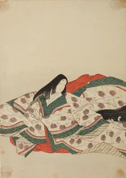 Hofdame in einem weißen Kimono mit einem Muster aus Enten auf dem Wasser, Tafel aus dem Album: Nishiki-zuri onna sanju rokkasen e-zukushi