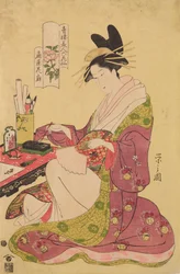 Oiran Hanaogi aus dem Haus Ogi-ya, aus der Serie: Sechs Gedichte über die Schönheiten von Yoshiwara, dargestellt als Blumen