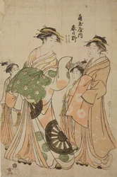 Die Oiran Katsugano aus dem Haus Kadotama-ya mit einer Gefährtin und zwei Kamuro