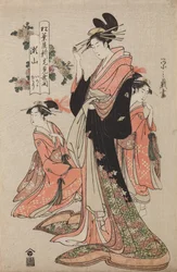 Die Oiran Seyama aus dem Haus Matsuba-ya mit ihren Kamuro Iroka und Yukari / Matsuba-ya Seyama, aus der Serie: Feier zur Eröffnung des neuen Hauses Matsuba-ya