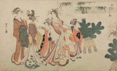 Oiran beim Neujahrsspaziergang in Begleitung von zwei Shinzo und zwei Kamuro