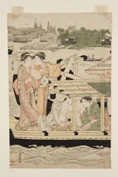 Vergnügungsboote auf dem Sumida-Fluss unter der Shin-ohashi-Brücke