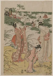 Frauen jagen Grillen auf einer Herbstheide, frühe 1790er