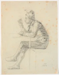 Bauernjunge mit Mütze an einem Tisch