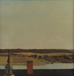 Dachfirst des Schlosses Frederiksborg mit Blick auf See, Stadt und Wald