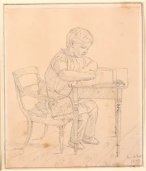 Der Sohn des Künstlers, Peter, schreibt auf einer Tafel