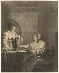 Interieur mit Dame und Dienstmädchen bei Kerzenlicht