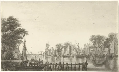 Flusslandschaft mit Segelschiffen
