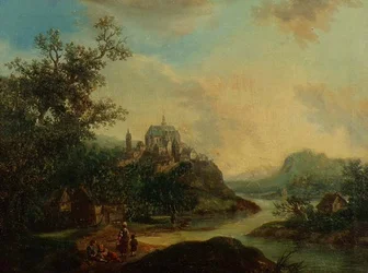 Eine Rheinlandschaft mit Figuren im Vordergrund und einer befestigten Stadt auf einem Hügel dahinter