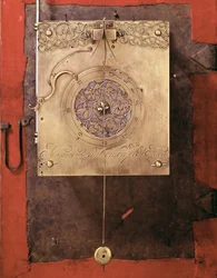 Frühe gewichtgetriebene Pendeluhr, Detail des Glockensteuermechanismus, gebaut von Johannes van Ceulen