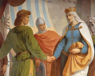 Parzival verabschiedet sich von seiner Mutter, Königin Herzeloyde, aus dem Parzival-Zyklus, Sängersaal, ca. 1883-84