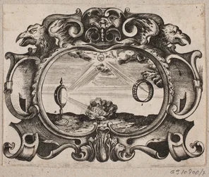 Emblem mit Sonne, die durch einen Ring und eine Brennlinse strahlt, sodass ein Feuer entfacht wird