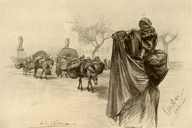 Frau und Kind in der Nähe der Kobri el Gezira Brücke, Kairo, 1898