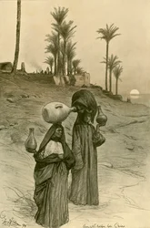 Frauen tragen Wasserkrüge am Ufer des Nils, Kairo, Ägypten, 1898