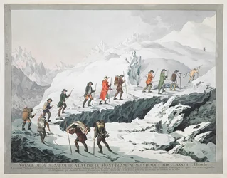 Horace Bénédict de Saussure und seine Führer überqueren einen Gletscher am Mont Blanc (Gravur)