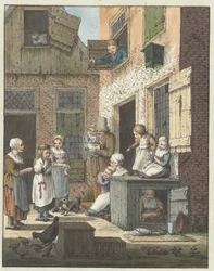 Gruppe von Menschen vor der Tür eines Hauses