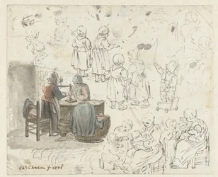 Skizzen von Goldwägerin und Kindern
