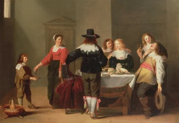 Ein Wachrauminterieur mit Soldaten, die in weiblicher Gesellschaft essen und trinken, 1639