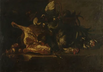 Stillleben mit Fleisch und toten Vögeln